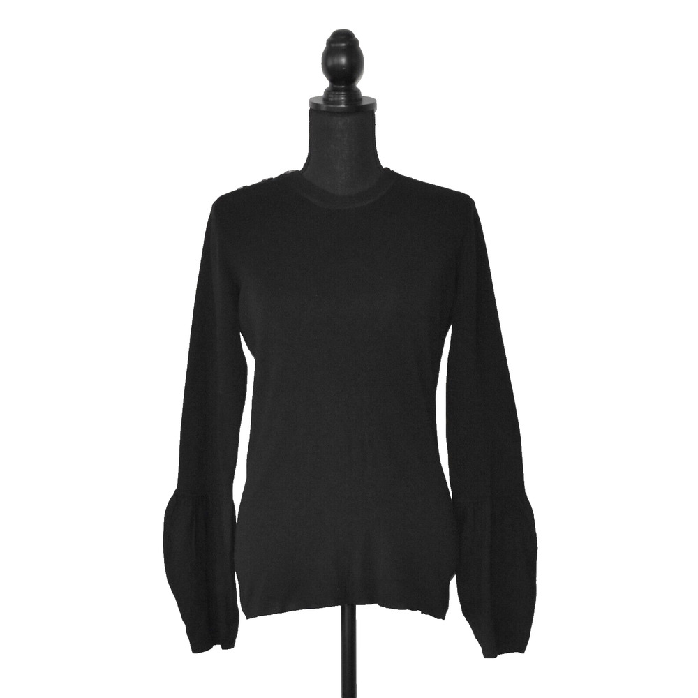 B2 Auth BURBERRY LONDON Black Wool Shoulder Button Detail Crew Neck Sweater Sz S